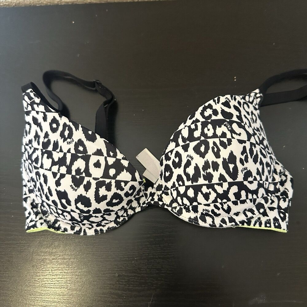 Victoria's Secret PINK Womens Bra T shirt Black Push Up 32b Underwired Cheetah‎
